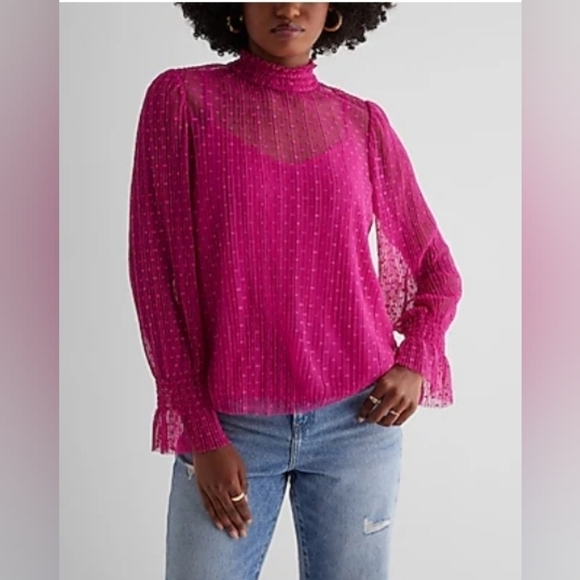 Express Womens Sheer Dot Mock Neck Smocked Cuff Top FUCHSIA XS - Picture 1 of 6